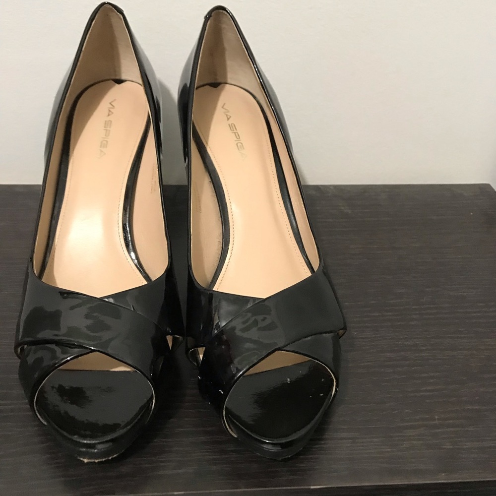 Patent Black Peep Toe Pumps